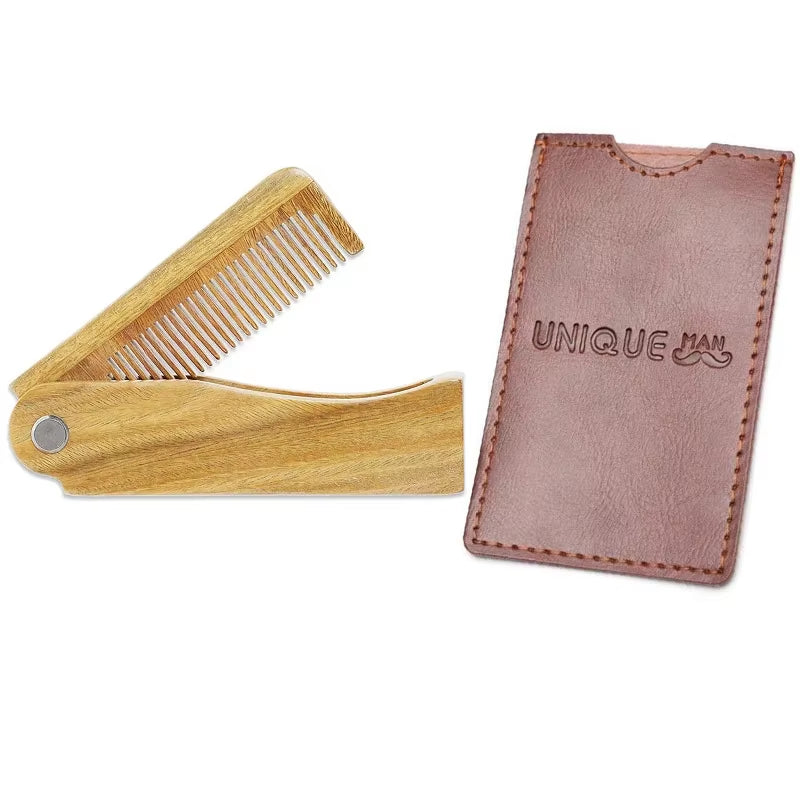 Beard Comb Kit Barba for Men Portable Pocket Wooden Comb with PU Leather Case Beard Brush Care for Men'S Beard Hair Peine Barba