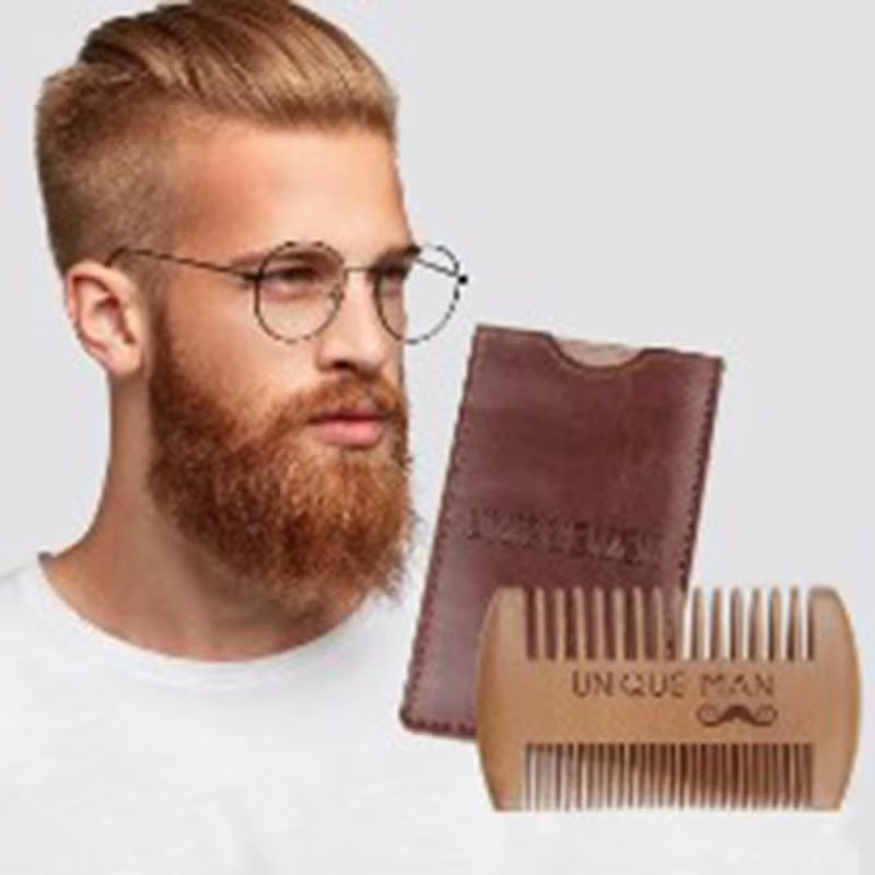 Beard Comb Kit Barba for Men Portable Pocket Wooden Comb with PU Leather Case Beard Brush Care for Men'S Beard Hair Peine Barba