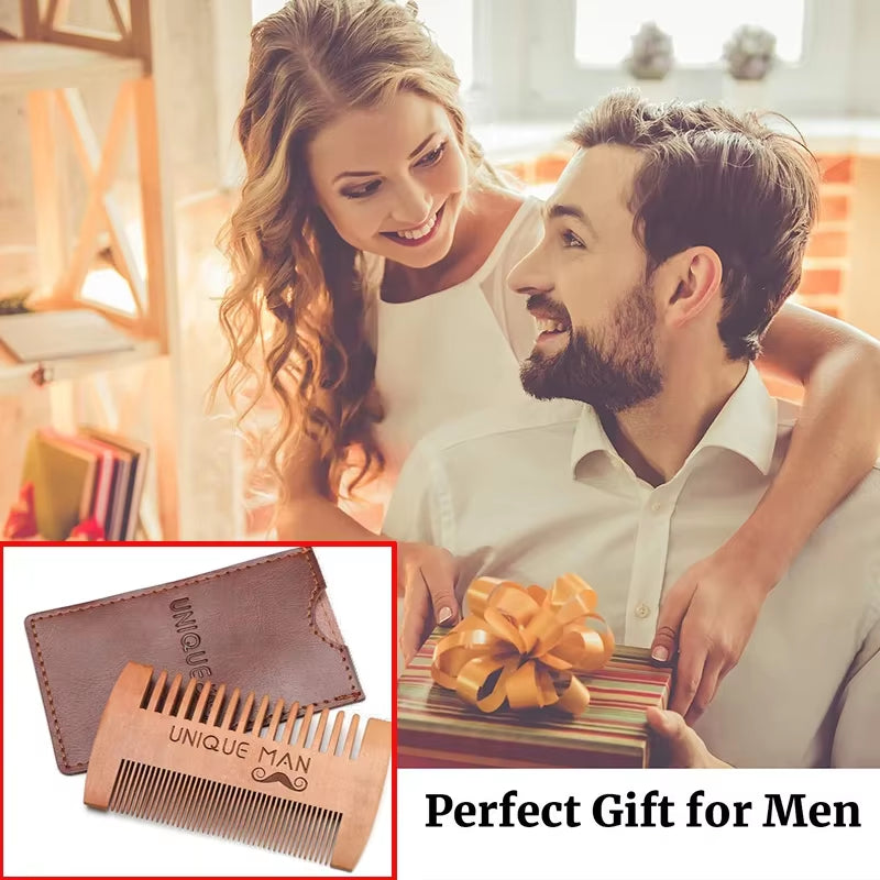 Beard Comb Kit Barba for Men Portable Pocket Wooden Comb with PU Leather Case Beard Brush Care for Men'S Beard Hair Peine Barba