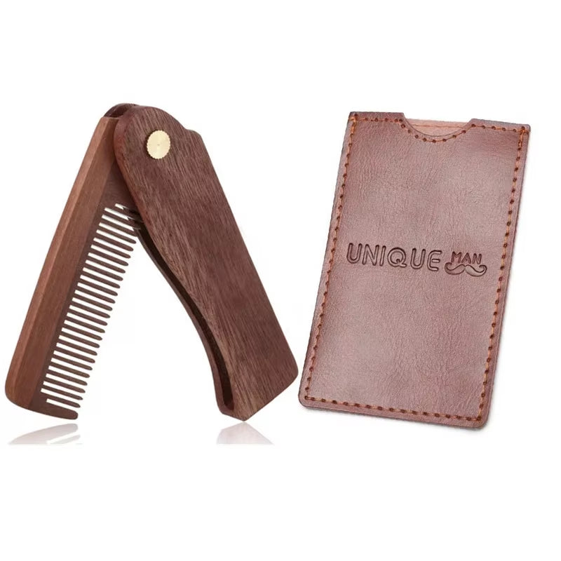 Beard Comb Kit Barba for Men Portable Pocket Wooden Comb with PU Leather Case Beard Brush Care for Men'S Beard Hair Peine Barba